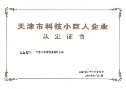 2014年天津市科技小巨人企业认定证书